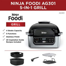 Ninja Foodi Ag 301 5 In 1 Indoor Electric Countertop Grill With 4 Quart Air Fryer, Roast, Bake, Dehydrate, And Cyclonic Grilling Technology, 1760 Watts, Silver, Nutri Ninja