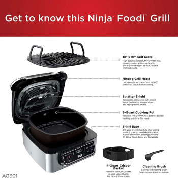 Ninja Foodi Ag 301 5 In 1 Indoor Electric Countertop Grill With 4 Quart Air Fryer, Roast, Bake, Dehydrate, And Cyclonic Grilling Technology, 1760 Watts, Silver, Nutri Ninja