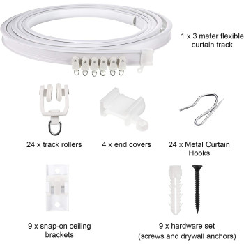 Jetec 3 Meters Bendable Ceiling Curved Curtain Track Flexible Ceiling Curtain Track Mounted Windows Curved Track For Curtain Rail Track Curtain System Bed Curtains Room Divider, Ceiling Track (White)