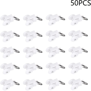 Juvielich 50Pcs Curtain Glider Hooks 0.45" Dia Curtain Track Rollers Twin Wheeled Carriers Drapery Mute Wheel Rollers Hook Ball Pulley Rail Sliding Glider Plastic