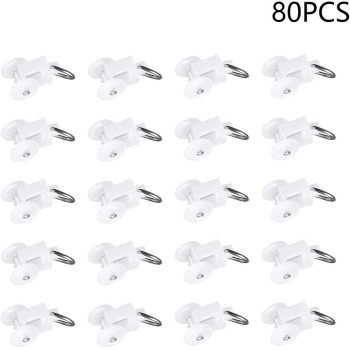 Juvielich 80Pcs Curtain Glider Hooks 0.45" Dia Curtain Track Rollers Twin Wheeled Carriers Drapery Mute Wheel Rollers Hook Ball Pulley Rail Sliding Glider Plastic White