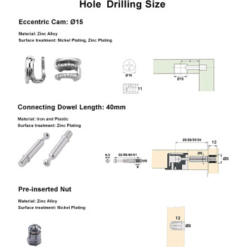 LOOTICH Fixing Screw Eccentric Cam O15Mm And Bolts Fitting Dowels M6X40Mm With Pre-Inserted Nuts M6 For Flat Pack Furniture Cabinet Locking Connecting (34 Set)