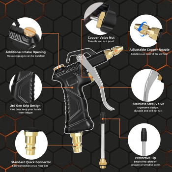 NanHong Industrial Air Blow Gun With Brass Adjustable Air Flow Nozzle And 2 Steel Air Flow Extension, Pneumatic Air Compressor Accessory Tool Dust Cleaning Air Blower Gun