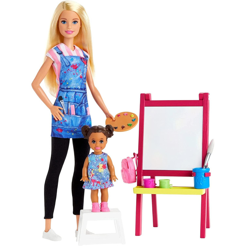 Barbie Art Teacher Playset With Blonde Doll, Toddler Doll, Toy Art Pieces Gjm29