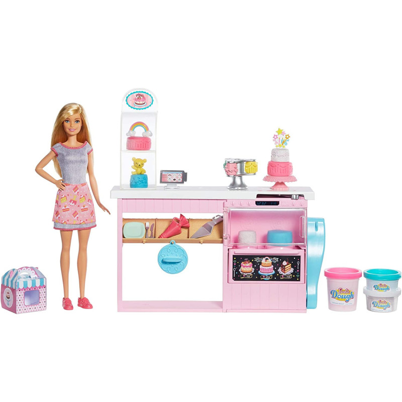Barbie Cake Decorating Playset with Blonde Doll, Baking Counter and Toy Icing Pieces GFP59