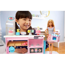 Barbie Cake Decorating Playset with Blonde Doll, Baking Counter and Toy Icing Pieces GFP59