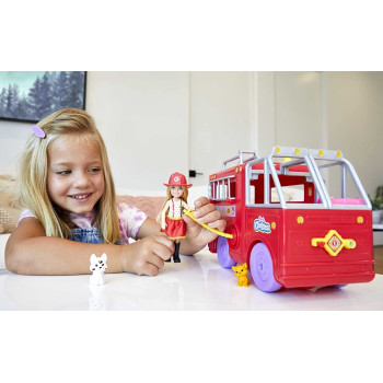 Barbie Chelsea Fire Truck Playset, Chelsea Doll (6 Inch), Fold Out Firetruck, 15+ Storytelling Accessories, Stickers, Ages 3 Years Old & Up