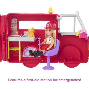 Barbie Chelsea Fire Truck Playset, Chelsea Doll (6 Inch), Fold Out Firetruck, 15+ Storytelling Accessories, Stickers, Ages 3 Years Old & Up
