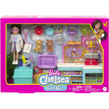 Barbie Chelsea Pet Vet Playset, Brunette Chelsea Doll, 4 Animal Figures, 18 Pet Vet Accessories, Great Gift for Ages 3 Years Old & Up, Mulicolor