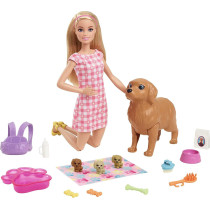 Barbie Doll and Newborn Pups Playset with Dog, 3 Puppies & Accessories, 3 to 7 Year Olds