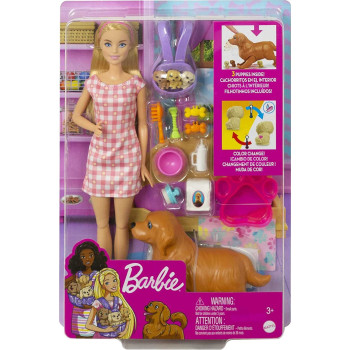 Barbie Doll and Newborn Pups Playset with Dog, 3 Puppies & Accessories, 3 to 7 Year Olds