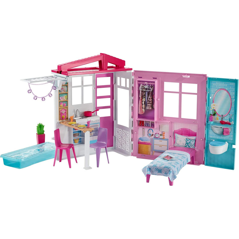 Barbie Dollhouse, Portable 1-Story Playset, With Pool, Multi-Colour Fxg54