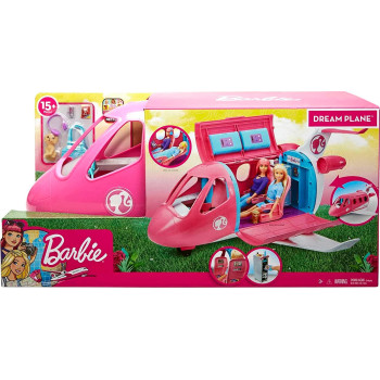 Barbie Dreamplane Transforming Playset with Reclining Seats and Working Overhead Compartments, Plus 15+ Pieces Including a Puppy and a Snack Cart, for Kids 3 Years Old and Up