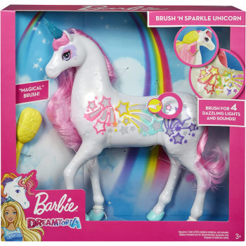Barbie Dreamtopia Brush 'n Sparkle Unicorn with Lights and Sounds, White with Pink Mane and Tail GFH60