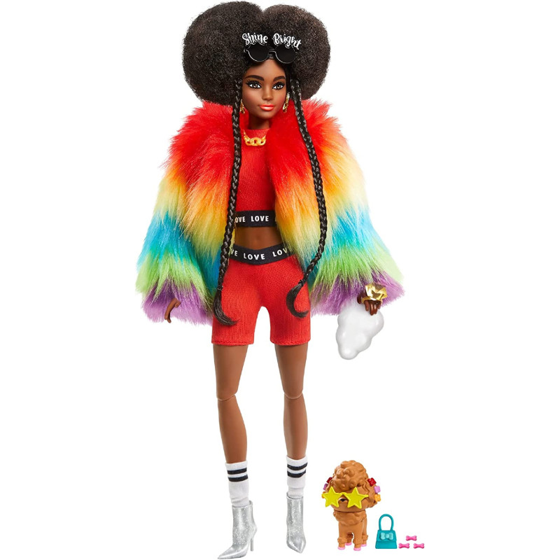 Barbie Extra Doll 1 In Furry Rainbow Coat With Pet Poodle, Brunette Afro-Puffs With Braids, Including 'Shine Bright' Sungl, Multiple Flexible Joints