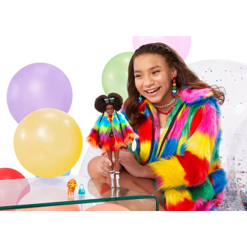 Barbie Extra Doll 1 In Furry Rainbow Coat With Pet Poodle, Brunette Afro-Puffs With Braids, Including 'Shine Bright' Sungl, Multiple Flexible Joints
