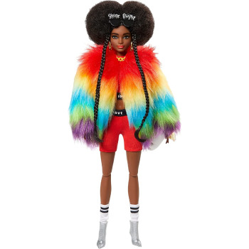 Barbie Extra Doll 1 In Furry Rainbow Coat With Pet Poodle, Brunette Afro-Puffs With Braids, Including 'Shine Bright' Sungl, Multiple Flexible Joints