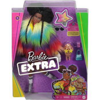 Barbie Extra Doll 1 In Furry Rainbow Coat With Pet Poodle, Brunette Afro-Puffs With Braids, Including 'Shine Bright' Sungl, Multiple Flexible Joints