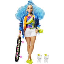 Barbie Extra Doll 4, Curvy, in Zippered Bomber Jacket with 2 Pet Kittens, Blue Curly Hair, Outfit & Accessories Including Skateboard, Multiple Flexible Joints, Gift for Kids 3 Years Old & Up