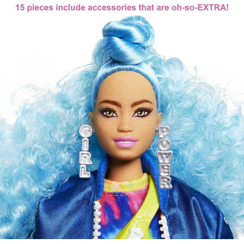 Barbie Extra Doll 4, Curvy, in Zippered Bomber Jacket with 2 Pet Kittens, Blue Curly Hair, Outfit & Accessories Including Skateboard, Multiple Flexible Joints, Gift for Kids 3 Years Old & Up