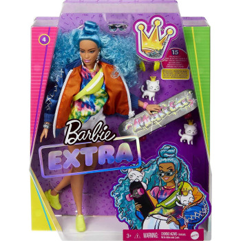 Barbie Extra Doll 4, Curvy, in Zippered Bomber Jacket with 2 Pet Kittens, Blue Curly Hair, Outfit & Accessories Including Skateboard, Multiple Flexible Joints, Gift for Kids 3 Years Old & Up
