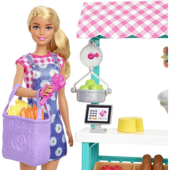 Barbie Farmers Market Playset, Doll (Blonde), Market Stand, Register, Vegetables, Bread, Cheese & Flowers, Great Gift for Ages 3 Years Old & Up