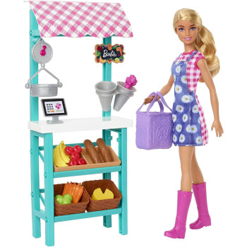 Barbie Farmers Market Playset, Doll (Blonde), Market Stand, Register, Vegetables, Bread, Cheese & Flowers, Great Gift for Ages 3 Years Old & Up
