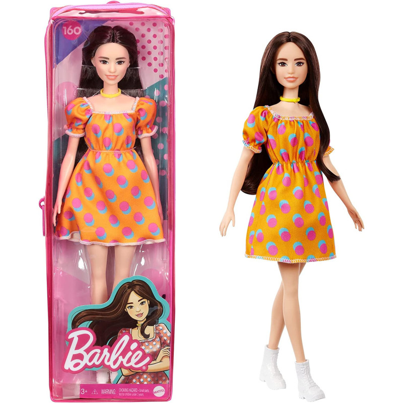 Barbie Fashionistas Doll 160 with Long Brunette Hair Wearing Patterned Orange Dress, White Shoes & Yellow Choker GRB52