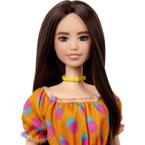 Barbie Fashionistas Doll 160 with Long Brunette Hair Wearing Patterned Orange Dress, White Shoes & Yellow Choker GRB52