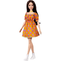Barbie Fashionistas Doll 160 with Long Brunette Hair Wearing Patterned Orange Dress, White Shoes & Yellow Choker GRB52