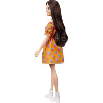 Barbie Fashionistas Doll 160 with Long Brunette Hair Wearing Patterned Orange Dress, White Shoes & Yellow Choker GRB52