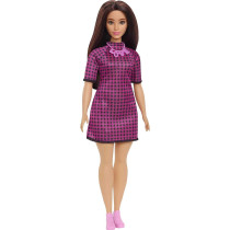 Barbie Fashionistas Doll 188, Curvy, Black Hair, Pink & Black Checkered Dress, Love Necklace, Pink Sneakers, Toy for Kids 3 to 8 Years Old