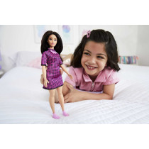 Barbie Fashionistas Doll 188, Curvy, Black Hair, Pink & Black Checkered Dress, Love Necklace, Pink Sneakers, Toy for Kids 3 to 8 Years Old