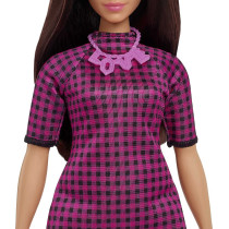 Barbie Fashionistas Doll 188, Curvy, Black Hair, Pink & Black Checkered Dress, Love Necklace, Pink Sneakers, Toy for Kids 3 to 8 Years Old