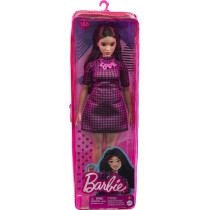 Barbie Fashionistas Doll 188, Curvy, Black Hair, Pink & Black Checkered Dress, Love Necklace, Pink Sneakers, Toy for Kids 3 to 8 Years Old