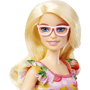 Barbie Fashionistas Doll, With Blonde Hair & Fruit Print Dress, Ruffled Sleeves, Orange Platform Heels, Pink Eyeglasses, Toy For Kids 3 To 8 Years Old, Multi