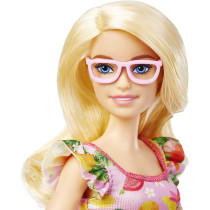 Barbie Fashionistas Doll, With Blonde Hair & Fruit Print Dress, Ruffled Sleeves, Orange Platform Heels, Pink Eyeglasses, Toy For Kids 3 To 8 Years Old, Multi