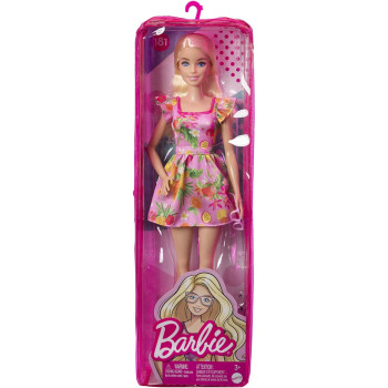 Barbie Fashionistas Doll, With Blonde Hair & Fruit Print Dress, Ruffled Sleeves, Orange Platform Heels, Pink Eyeglasses, Toy For Kids 3 To 8 Years Old, Multi