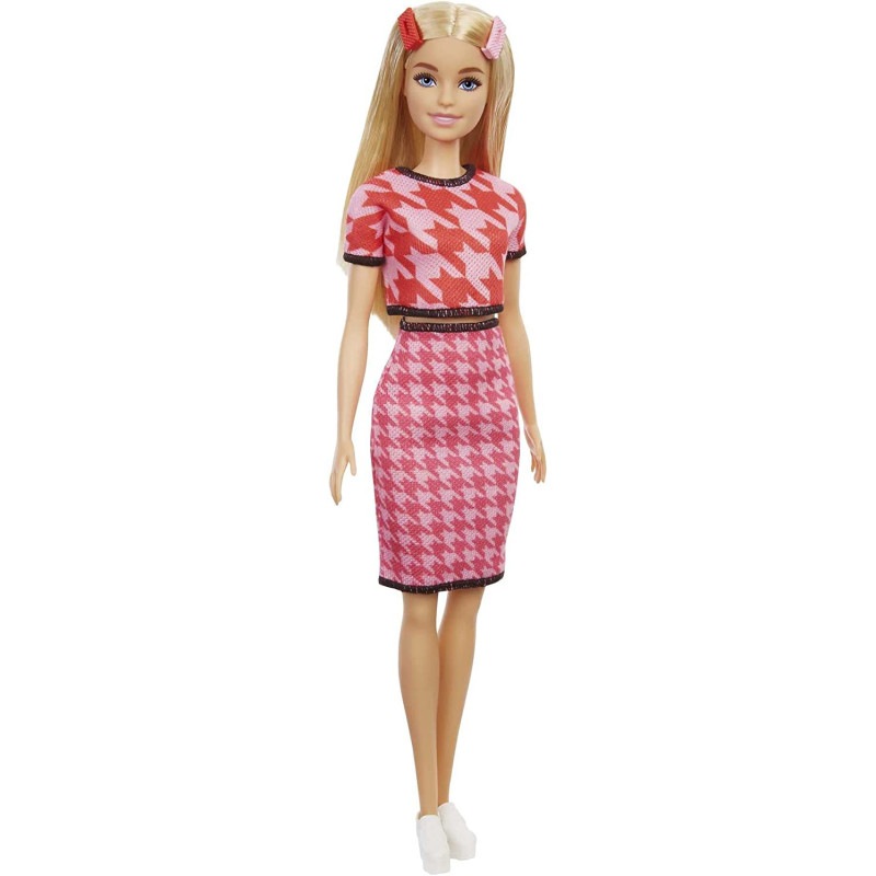 Barbie Fashionistas Dolls, Houndstooth Top / Skirt Matching Set, Toy for Kids 3 to 8 Years Old GRB59, Multi-colour