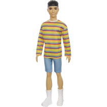 Barbie Grb91 Ken Fashionistas Doll 175 With Sculpted Brunette Hair Wearing A Long-Sleeve Colorful Striped Shirt, Multicolor, 31.75 cm*5.08 cm*11.43 cm