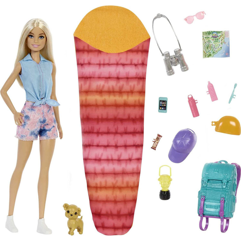 Barbie It Takes Two "Malibu" Camping Doll (11.5 In Blonde) With Pet Puppy, Backpack, Sleeping Bag & 10 Camping Accessories, Gift For 3 To 7 Year Olds