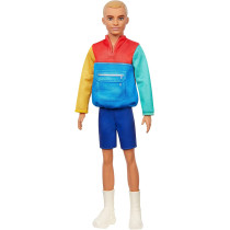 Barbie Ken Fashionistas Doll 163, Slender with Sculpted Blonde Hair Wearing Color-Blocked Jacket-Style Top, Blue Shorts & White Boots, Toy for Kids 3 to 8 Years Old GRB88