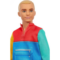 Barbie Ken Fashionistas Doll 163, Slender with Sculpted Blonde Hair Wearing Color-Blocked Jacket-Style Top, Blue Shorts & White Boots, Toy for Kids 3 to 8 Years Old GRB88