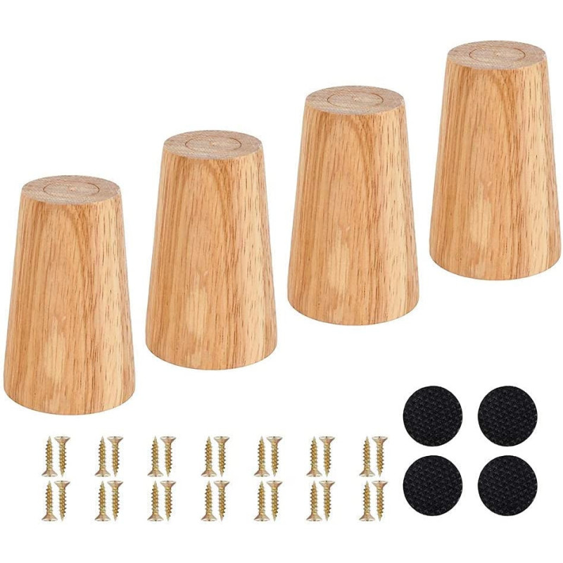 R2R Furniture Solid-Wood Oak 4Pcs 5Inch Modern-Style Wooden Furniture Sofa Legs Feet For Sofas, Beds, Tables And Others With Metal Plates, Screws Included (Oak)