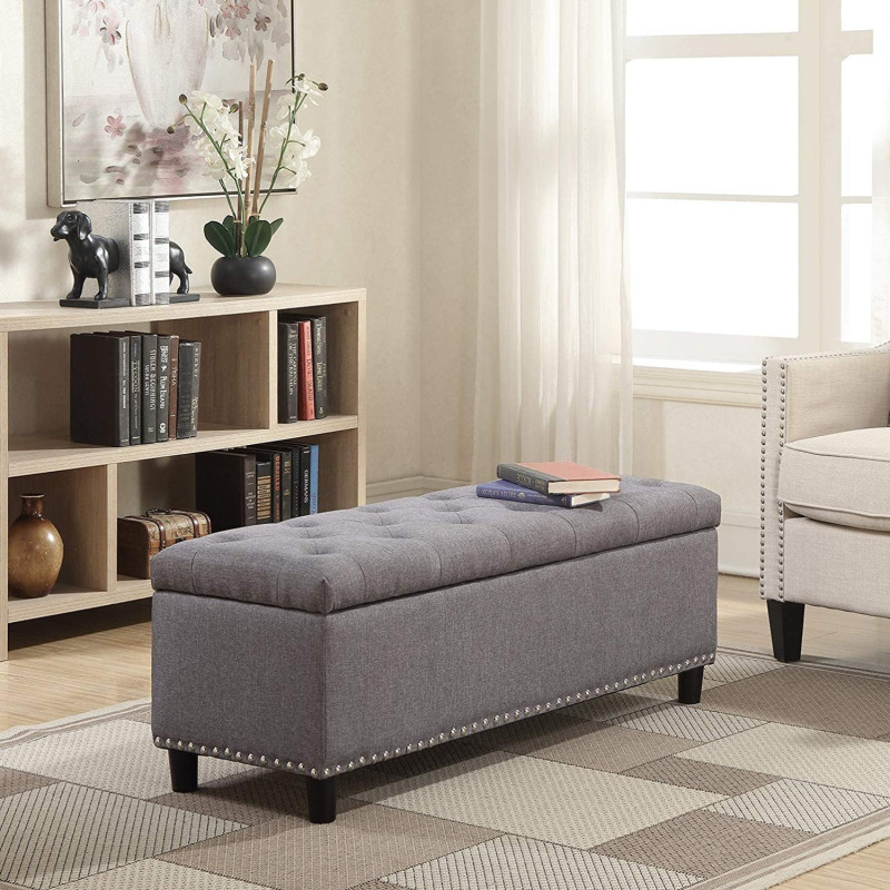 R2R Furniture Rectangular Gray Storage Fabric Ottoman Bench Tufted Footrest Lift Top