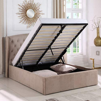 R2R Furniture Safina Wing Back King Size Ottoman Bed Frame In Premium Quality Velvet - Light Brown