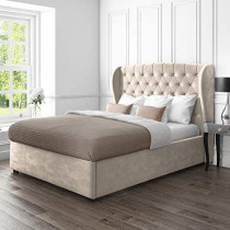 R2R Furniture Safina Wing Back King Size Ottoman Bed Frame In Premium Quality Velvet - Light Brown