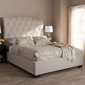 R2R Furniture Baxton Studio Victoire Modern & Contemporary Light Beige Fabric Upholstered Queen Size Platform Bed