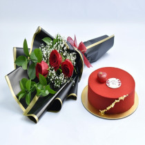 Valentines Special Chocolate Cake With 3 Roses Bouquet
