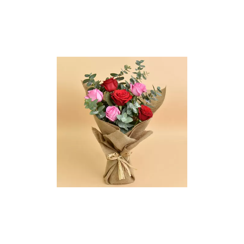 3 Pink 3 Red Roses Valentines Bouquet